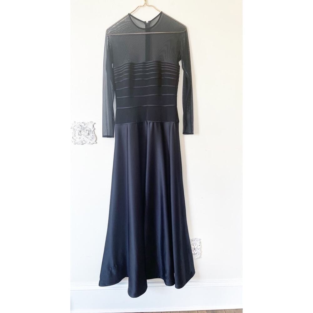 Vintage Tadashi Shoji Black Sheer Satin Long Sleeve Dress Gown 10